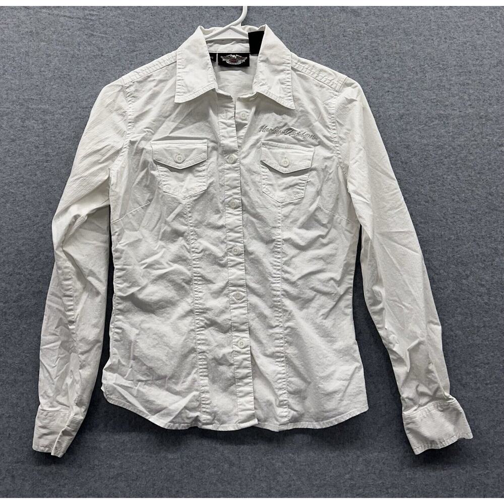 Harley Davidson Top Womens Size XS Button Down Long Sleeve Shirt Ivory Embroider